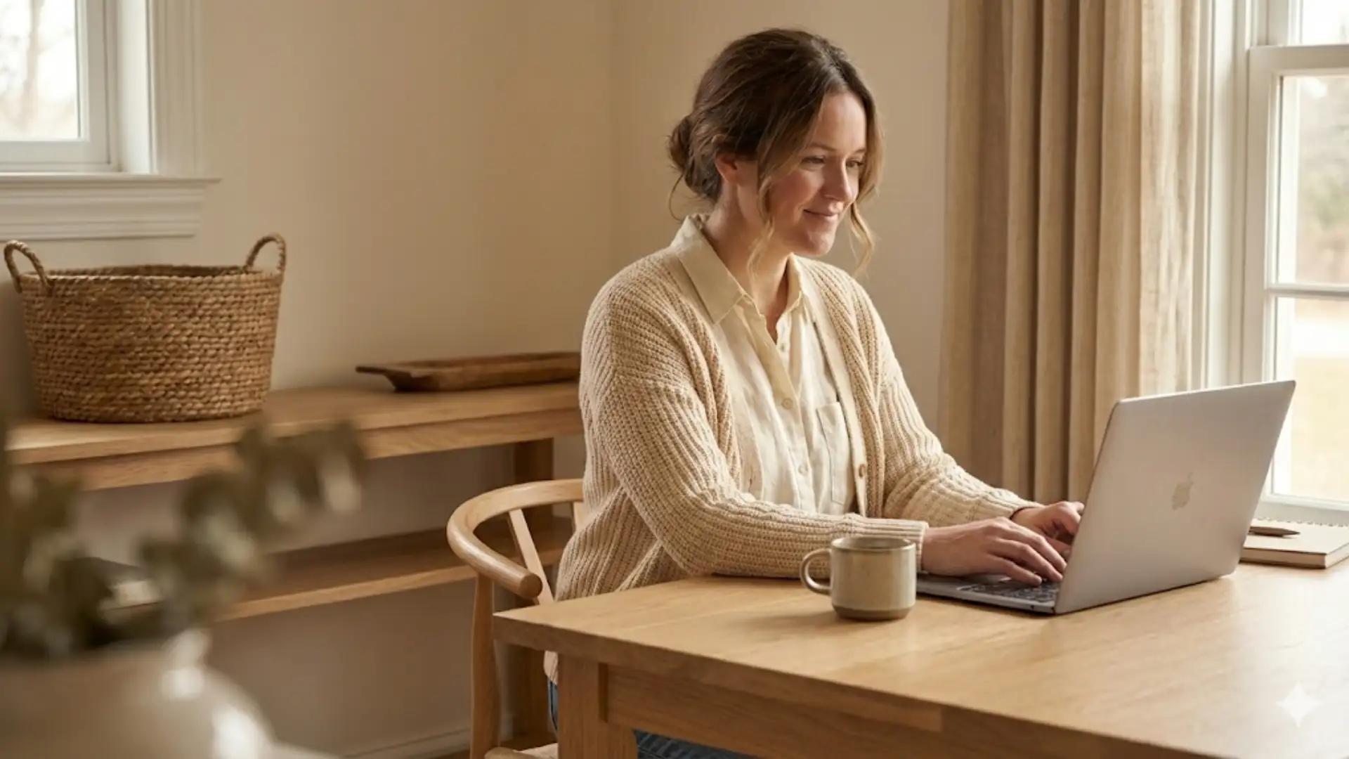 Hannah working on a laptop at home creating printables